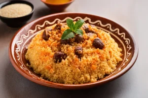 usos del ras el hanout. un plato de couscous especiado con el sazonador ras el hanout