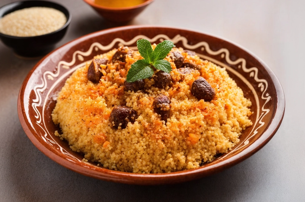 usos del ras el hanout. un plato de couscous especiado con el sazonador ras el hanout