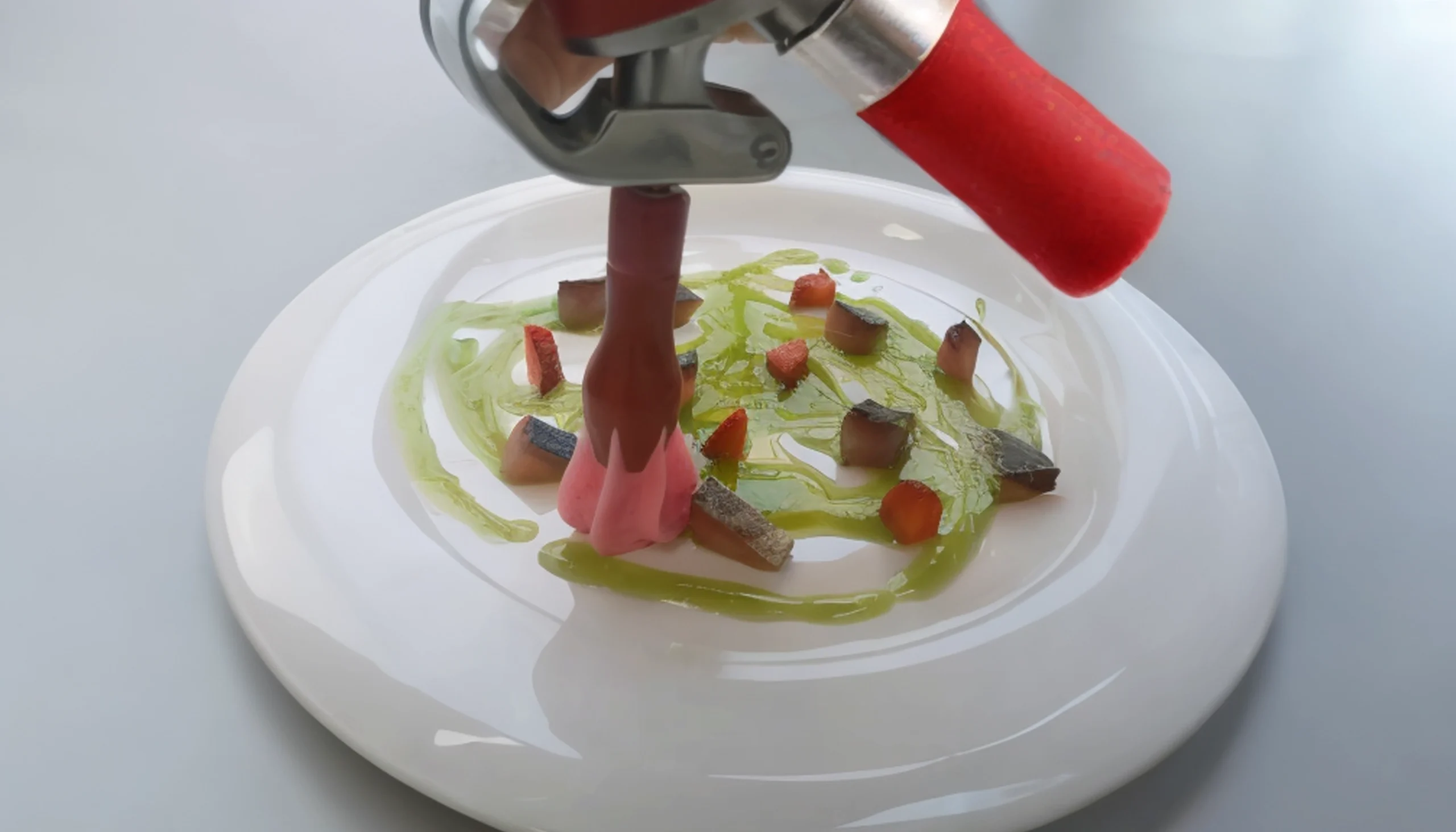 Emplatando con un sifón de cocina molecular una espuma de fresa