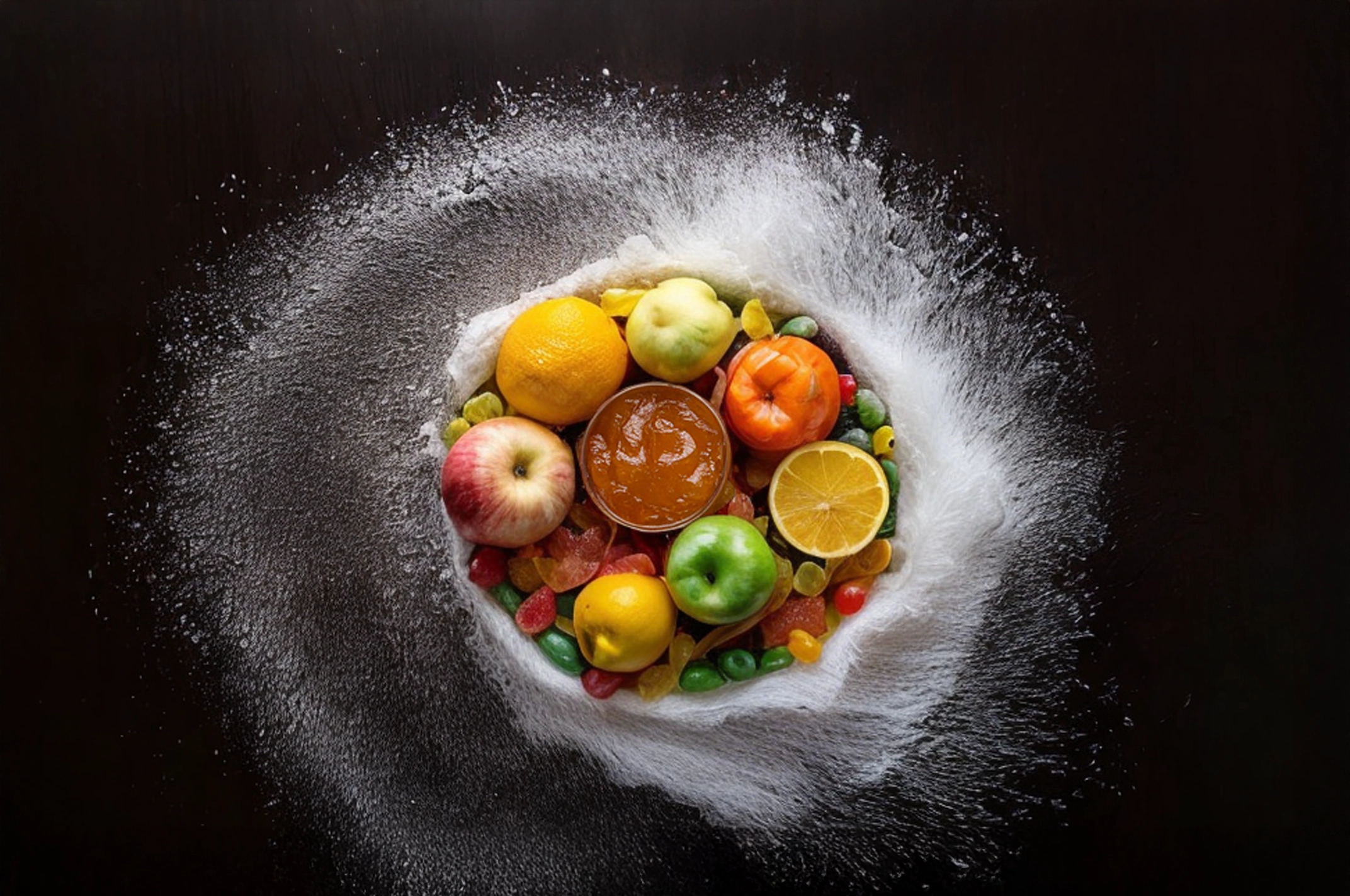 frutas, mermelada y gominolas rodeadas de pectina en polvo