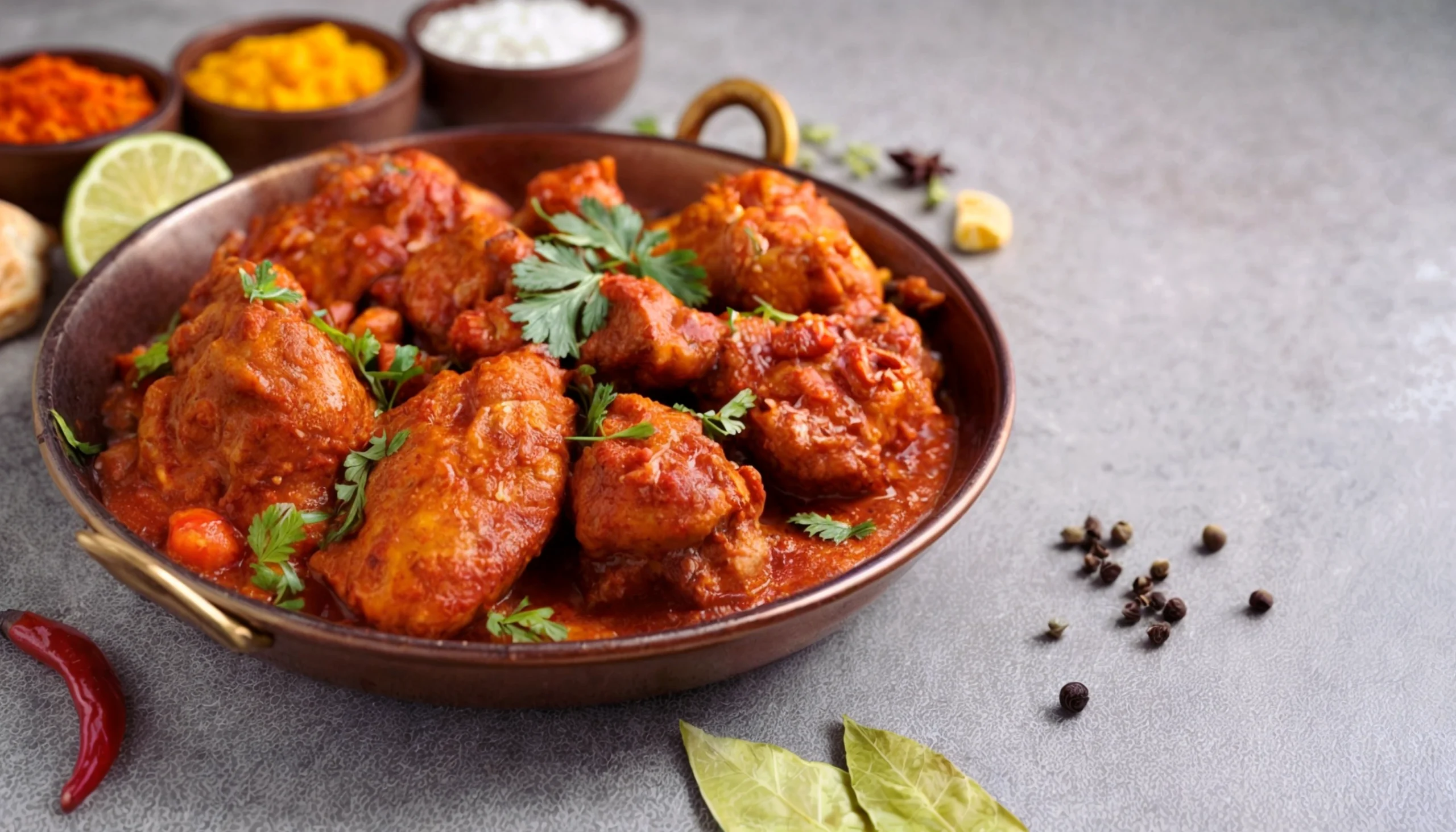 un plato de pollo con sazonador tandoori masala y especias alrededor
