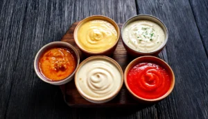 salsa madre: recipientes con Salsa Bechamel, Salsa Española, Salsa Velouté y Salsa de Tomate Salsa Holandesa