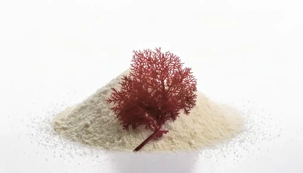 una pila de gelificante de color blanco (carragenano) con un alga de la familia Rhodophyceae
