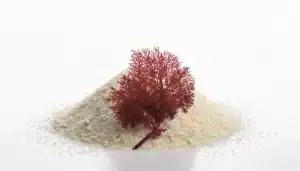 una pila de gelificante de color blanco (carragenano) con un alga de la familia Rhodophyceae