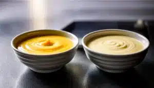 Salsas madres blancas: una encimera de una cocina con un bowlcon salsa bechamel y otro bowl con salsa veloute.