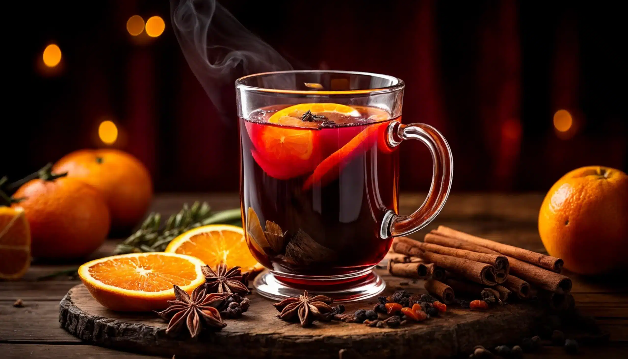 Una taza de Vino especiado navideño con especias alrededor: canela en rama, anís estrellado y clavo.