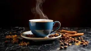 Una taza de café humeante en una elegante mesa de mármol oscuro, rodeada de especias gourmet como canela en rama, cardamomo, clavo de olor y anís estrellado.
