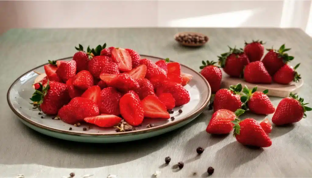 un plato con fresas espolvoreados con pimienta negra y pimienta verde y granos de pimienta alrededor.