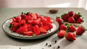 un plato con fresas espolvoreados con pimienta negra y pimienta verde y granos de pimienta alrededor.