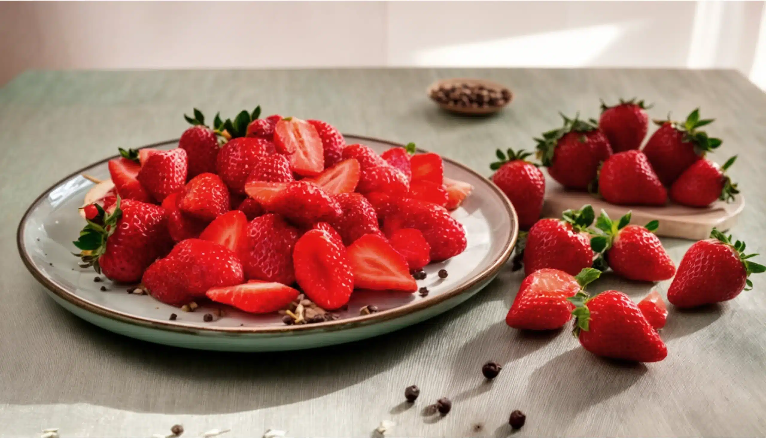 un plato con fresas espolvoreados con pimienta negra y pimienta verde y granos de pimienta alrededor.
