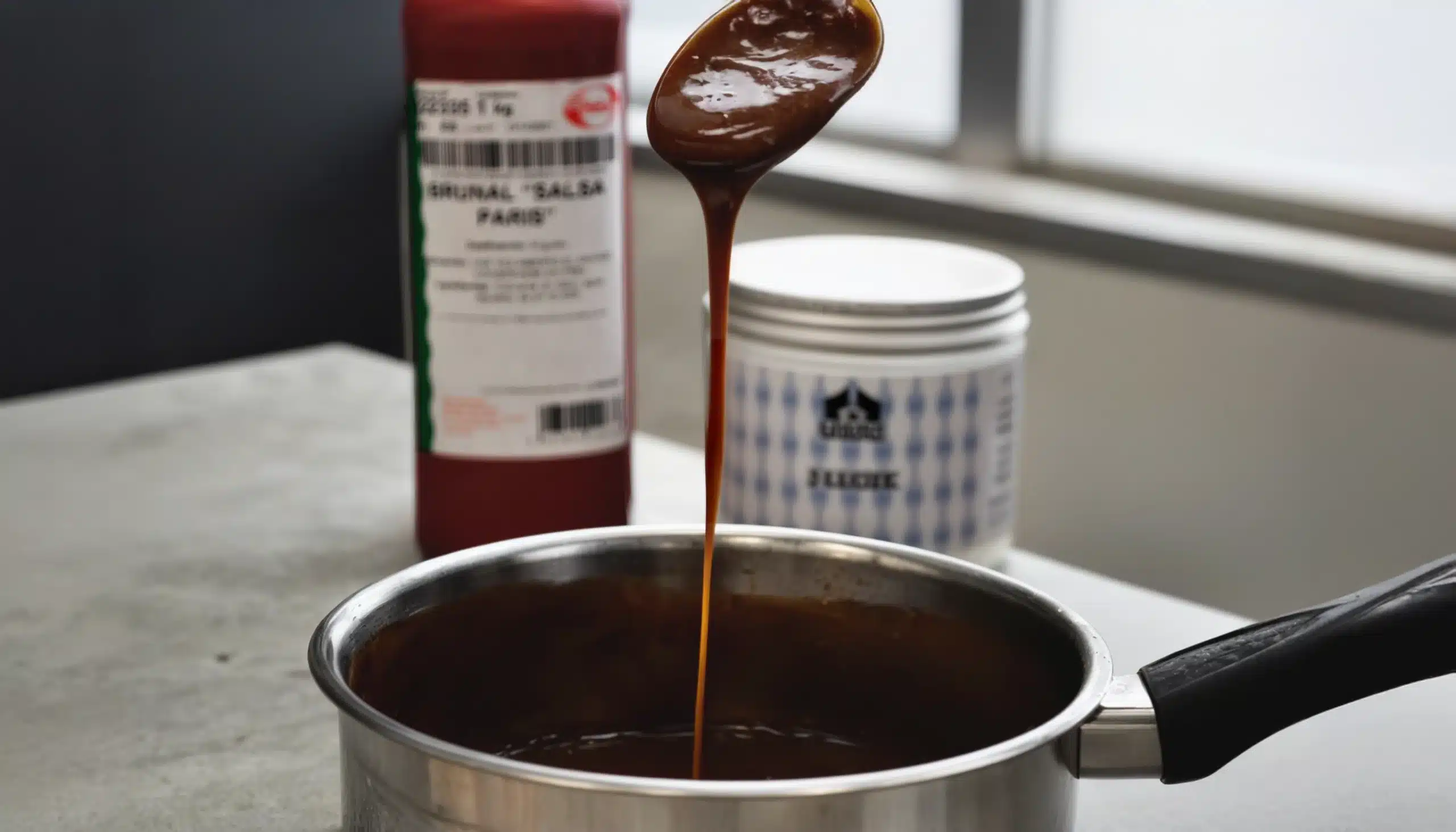 un cazo con salsa demiglace vegetal, como ingredientes destacan el brunal y el fixgel para su elaboracion