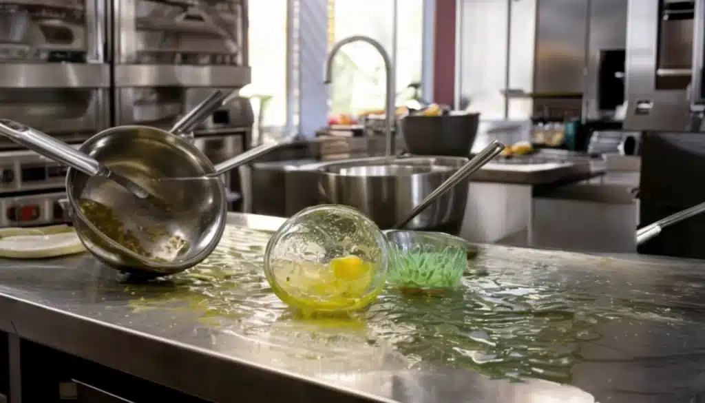 una cocina desordenada porque ha cometido errores en la ejecución de la cocina molecular