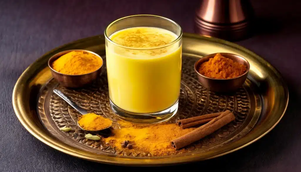 Las mejores especias para cada bebida vegetal: La imagen muestra un vaso de café con leche dorada sobre una bandeja decorativa, rodeado de un pequeño cuenco de cúrcuma en polvo, un cuenco de canela en polvo, una rama de canela y una cucharada de cúrcuma. Al fondo se ve una tetera de cobre.