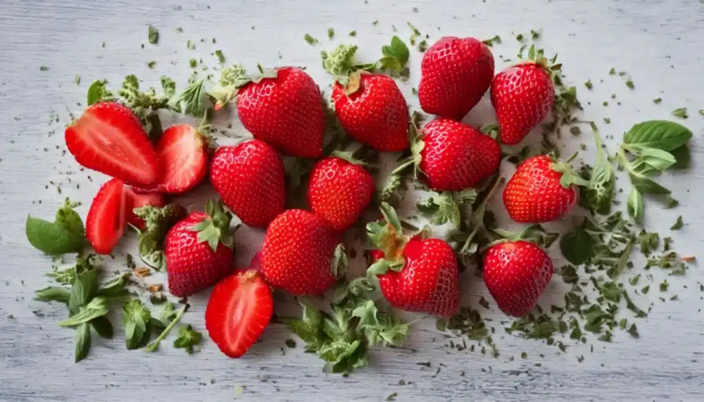 fresas y hierbas deshidratadas y liofilizadas sobre una mesa rustica de madera