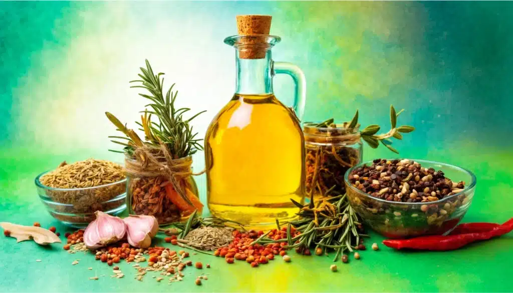 Una composición de diversos ingredientes culinarios, entre ellos una botella de aceite tapada con un corcho, cuencos con especias como comino y pimienta, dientes de ajo, ramas de romero seco y guindillas, todo ello dispuesto sobre un fondo verde.