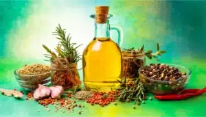 Una composición de diversos ingredientes culinarios, entre ellos una botella de aceite tapada con un corcho, cuencos con especias como comino y pimienta, dientes de ajo, ramas de romero seco y guindillas, todo ello dispuesto sobre un fondo verde.