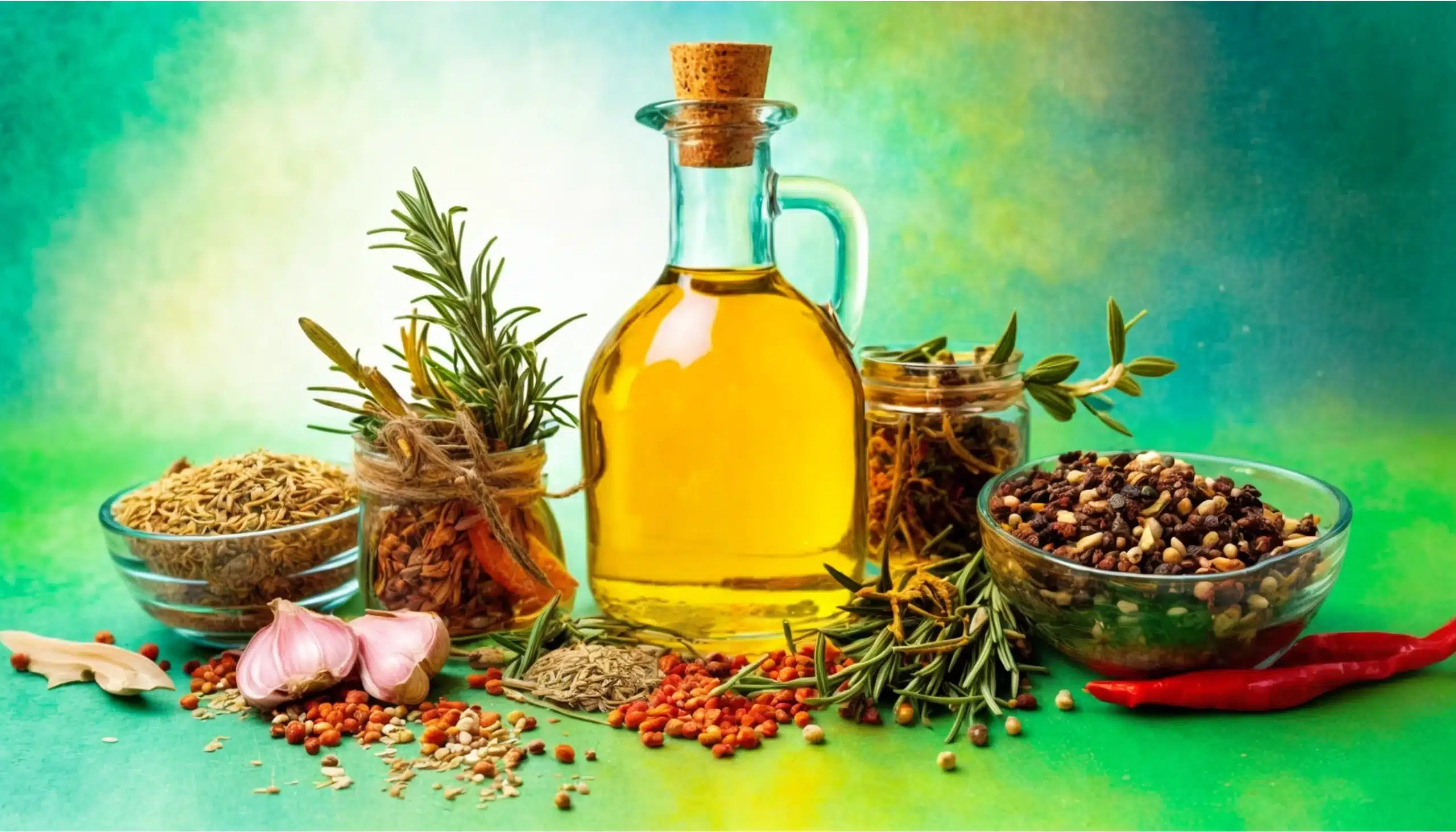 Una composición de diversos ingredientes culinarios, entre ellos una botella de aceite tapada con un corcho, cuencos con especias como comino y pimienta, dientes de ajo, ramas de romero seco y guindillas, todo ello dispuesto sobre un fondo verde.