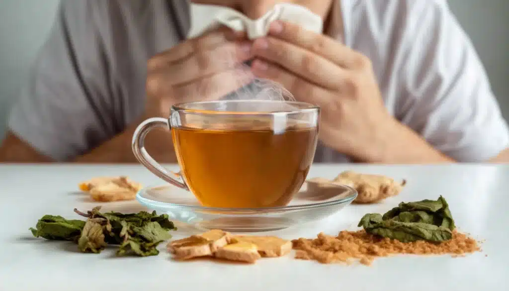 Una persona con alergia, frente a una infusión que ayuda a aliviar los síntomas de las alergias con hierbas y especias de forma natural.
