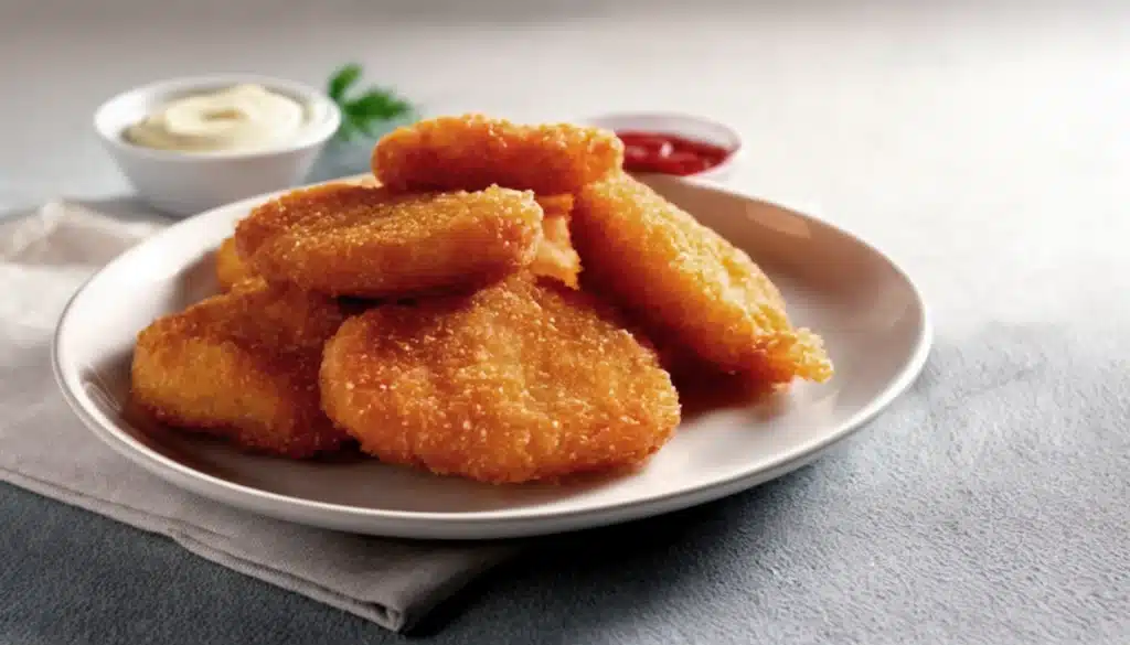 La imagen muestra un plato de nuggets de pollo dorados, acompañados de dos salsas para dippear: mayonesa y ketchup; todo ello sobre una mesa de color neutro.