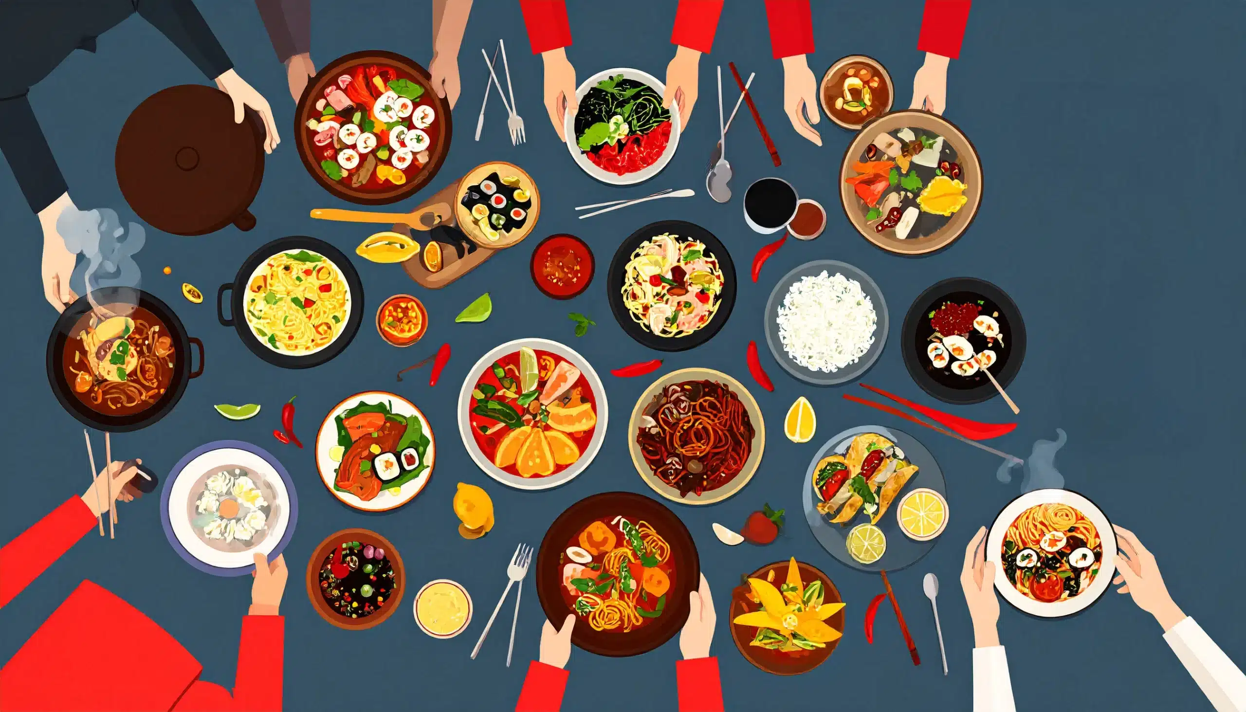 Una ilustración con diferentes tipos de cocinas gastronómicas.