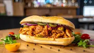 un sandwich de pulled chicken sazonado