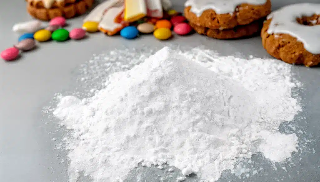 una encimera con manitol y alimentos que se pueden elaborar con este producto: chicles, caramelos y glaseados.