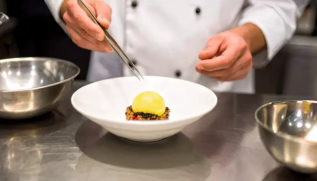 un chef ejecutando una receta de cocina molecular