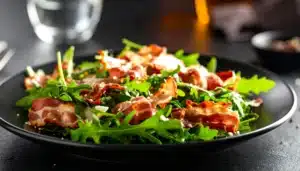 una ensalada de rucula con panceta crujiente