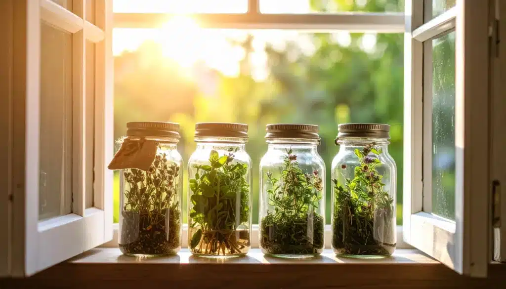 4 Frascos con hierbas deshidratadas sobre una ventana abierta con luz solar entrando, sin moscas ni mosquitos visibles.