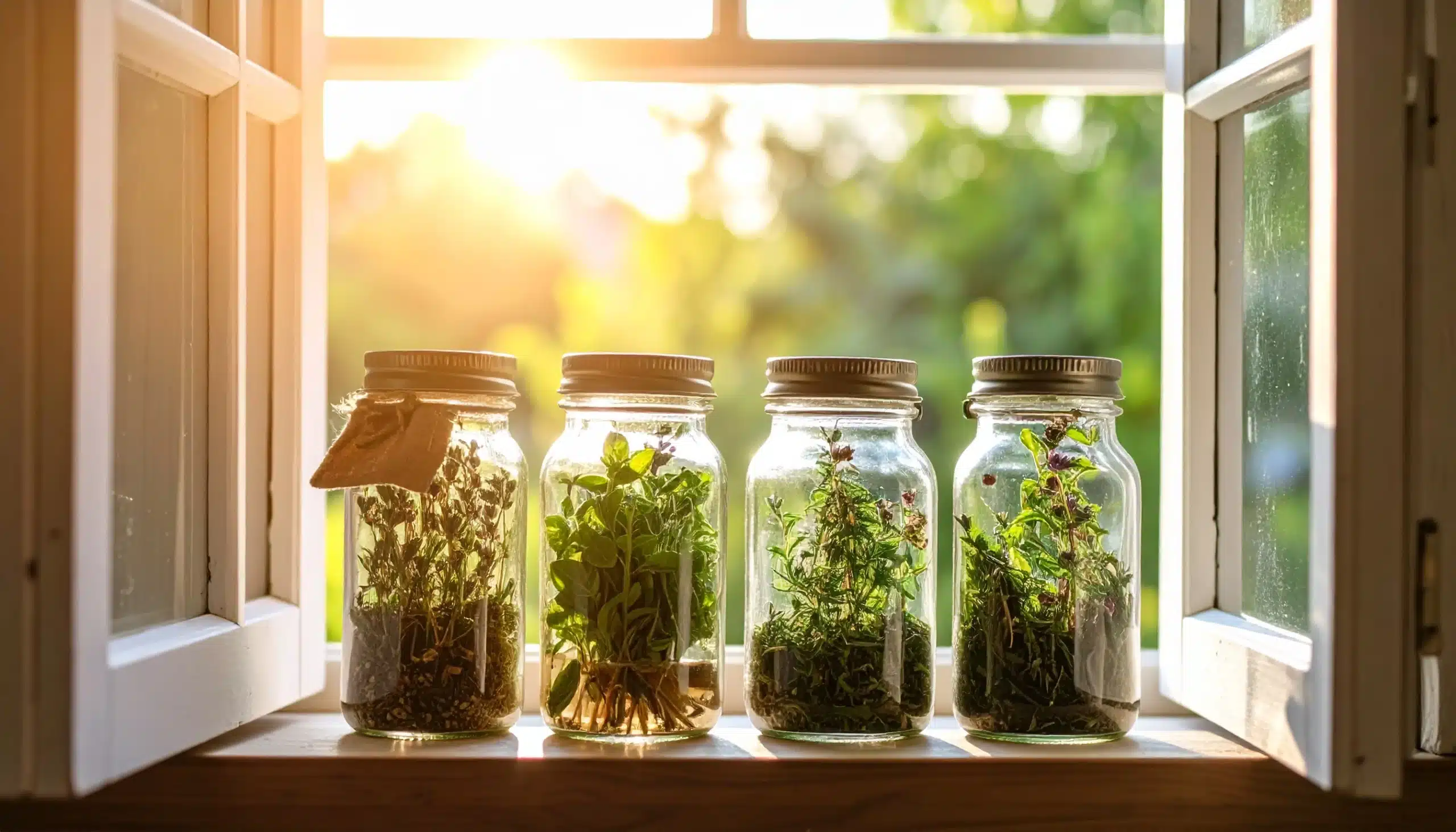 4 Frascos con hierbas deshidratadas sobre una ventana abierta con luz solar entrando, sin moscas ni mosquitos visibles.