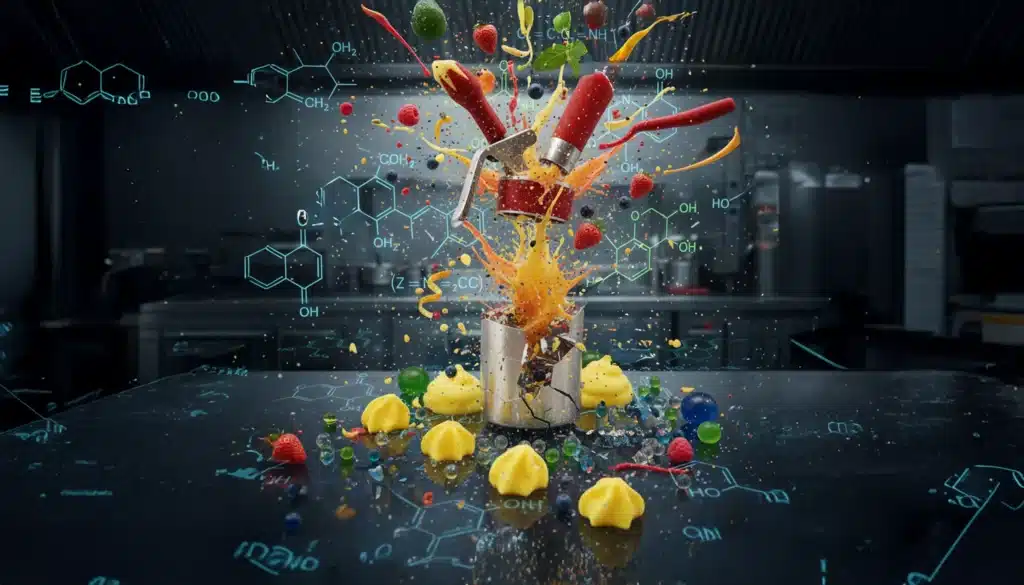 un sifón de cocina molecular explotando en medio de una cocina profesional.