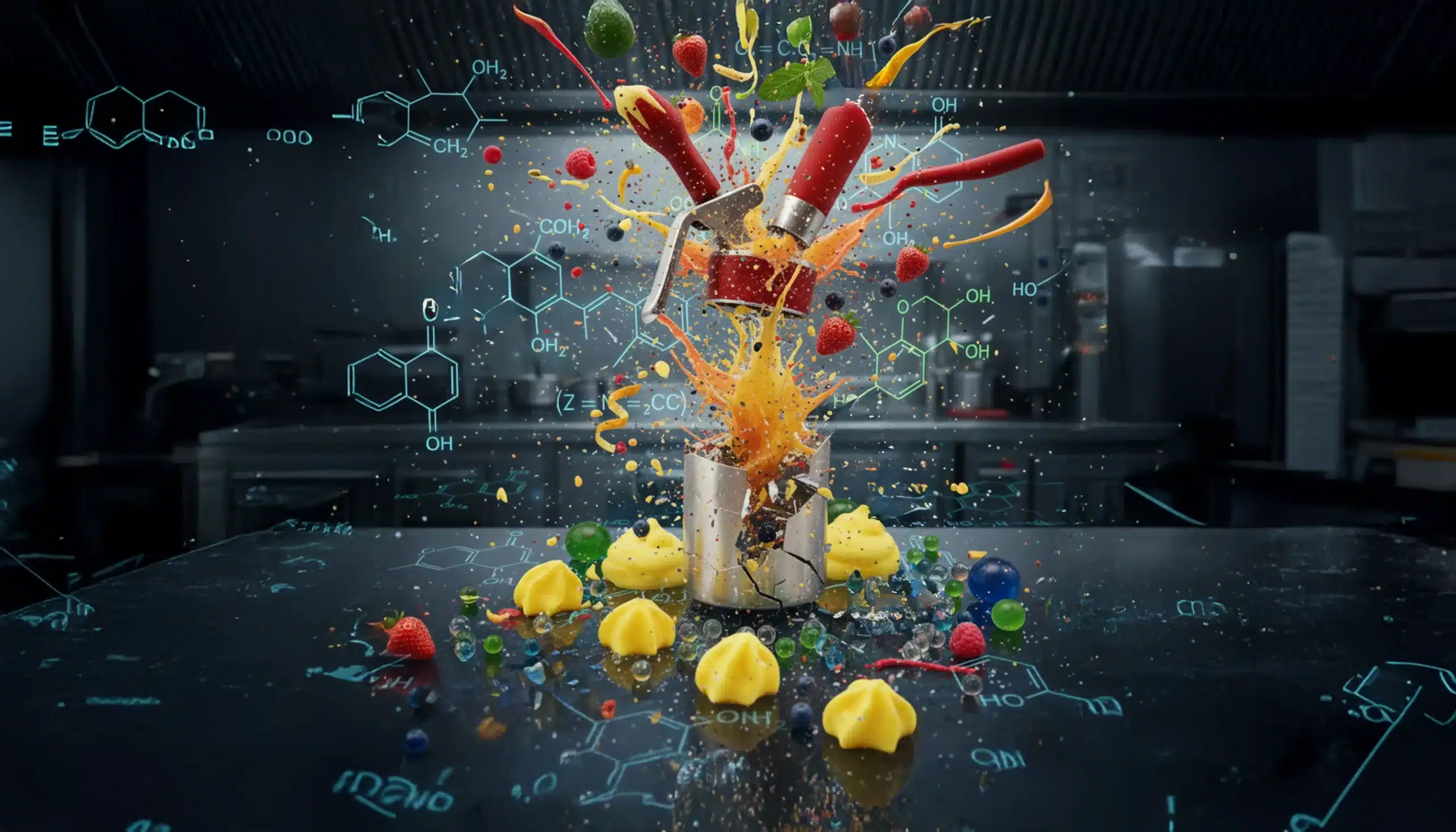 un sifón de cocina molecular explotando en medio de una cocina profesional.