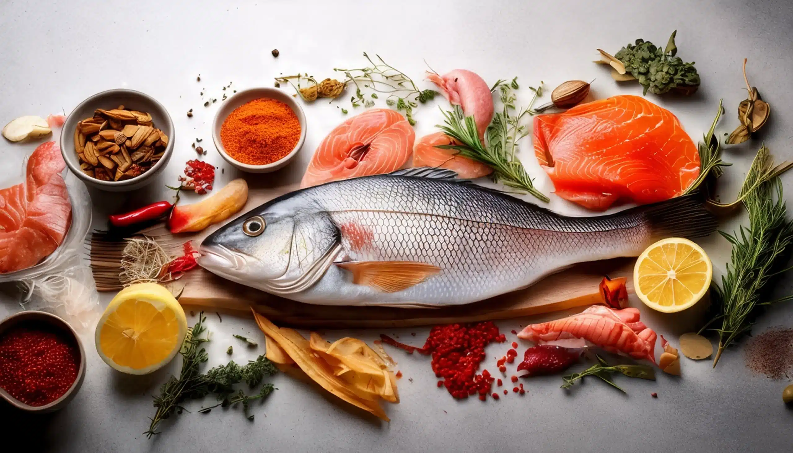 pescado blanco y azules con marisco sobre una encimera rodeado de especias, hierbas y condimentos.