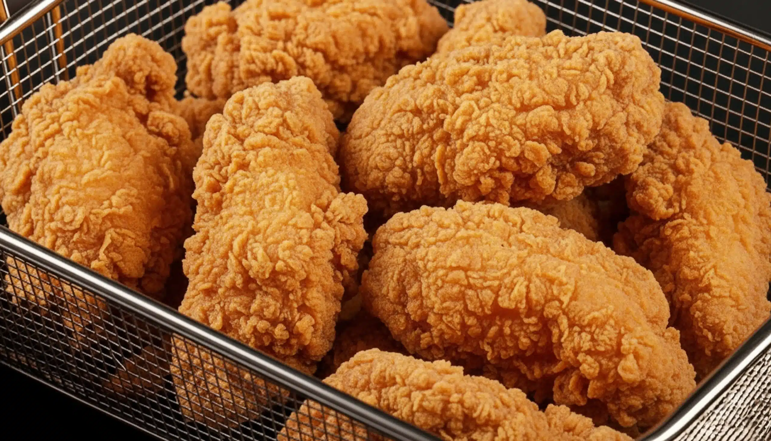 una cesta con pollo crujiente cocinado aplicando la técnica de freír