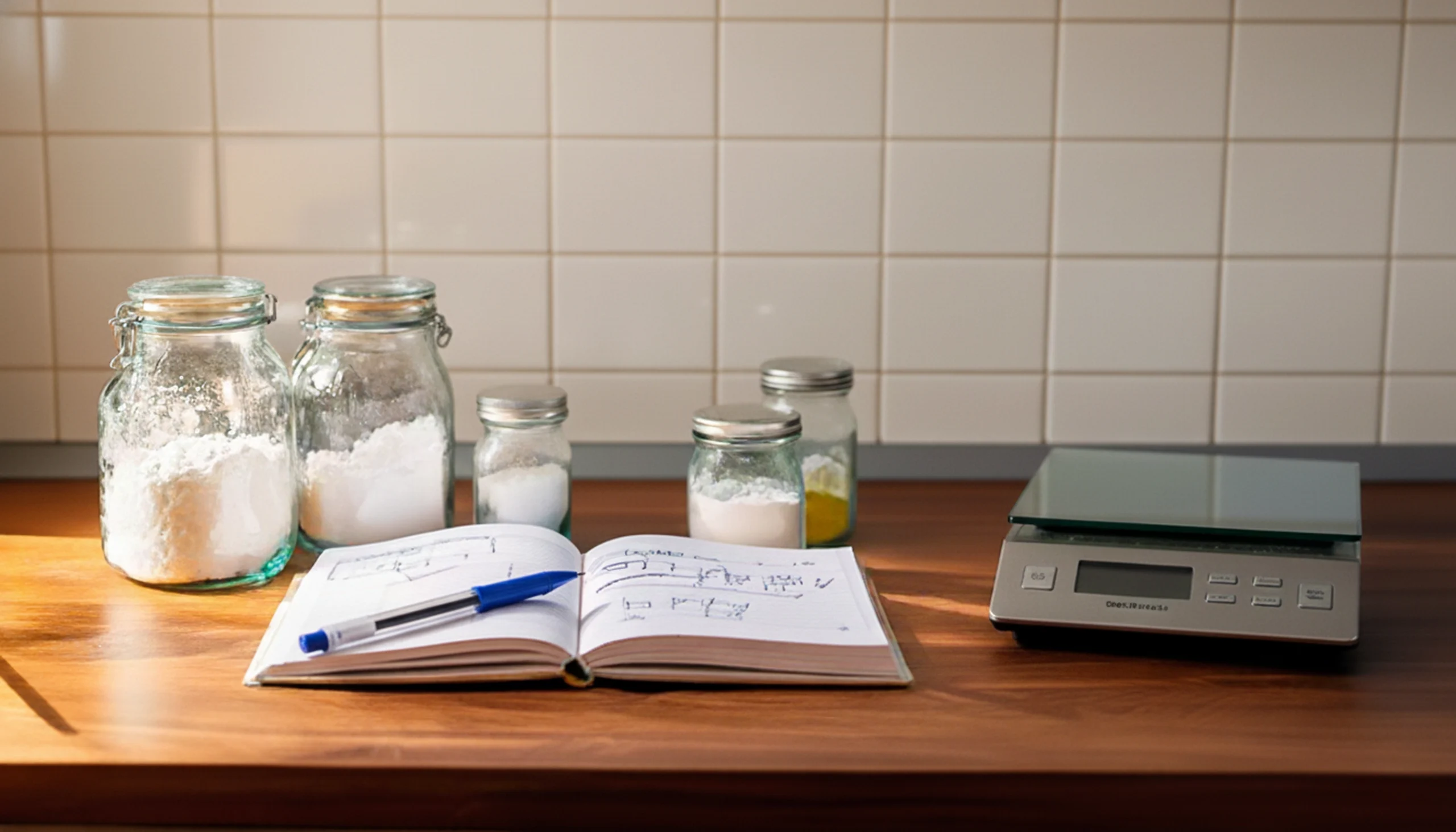 una encimera de cocina con aditivos de cocina molecular, junto a una báscula y un cuaderno con anotaciones