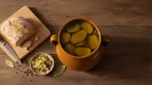 una orza de barro abierta , mostrando lomo en orza parcialmente sumergidos en manteca/aceite.