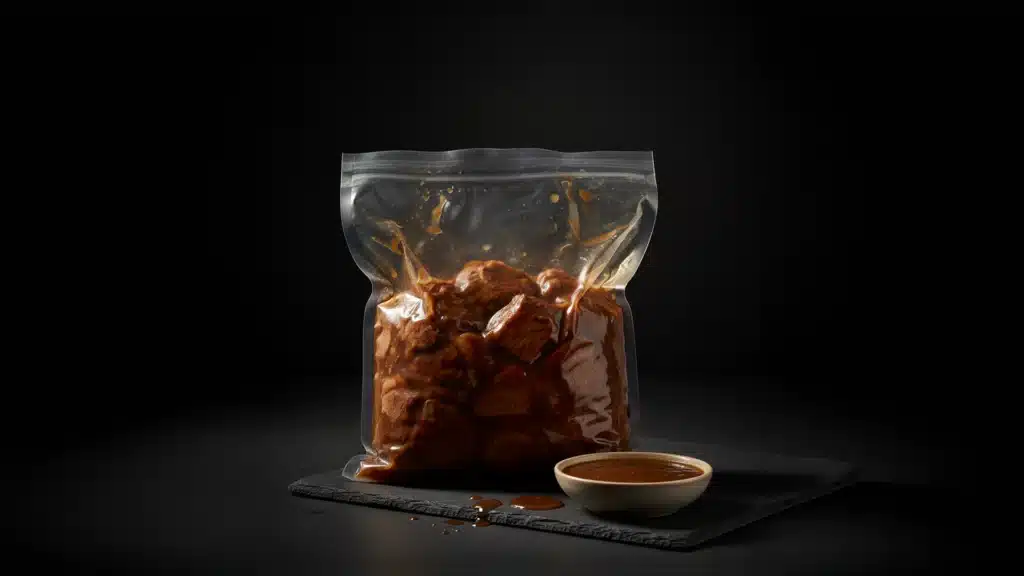 carne guisada envasada al vacío con un cuenco de salsa para carne