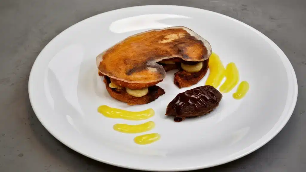 un plato de postre de Tarta de cruasán, mantequilla y avellana.