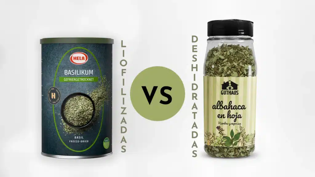 un bote de albahaca liofilizada y un bote de albahaca deshidratada