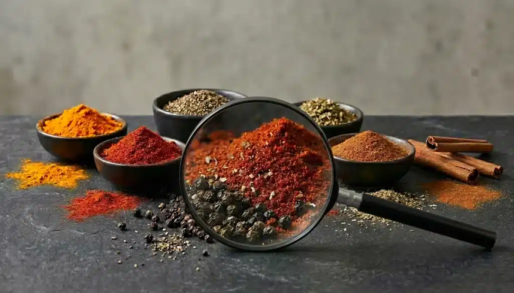 Varias especias: cúrcuma, pimentón, pimienta negra, orégano y canela en polvo, sobre una superficie elegante y minimalista. En primer plano, una lupa aumentada sobre las especias, destacando al máximo la textura y el detalle de cada grano y polvo, simbolizando la inspección de calidad y autenticidad.