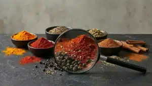 Varias especias: cúrcuma, pimentón, pimienta negra, orégano y canela en polvo, sobre una superficie elegante y minimalista. En primer plano, una lupa aumentada sobre las especias destacando al máximo la textura y el detalle de cada grano y polvo, simbolizando la inspección de calidad y autenticidad.