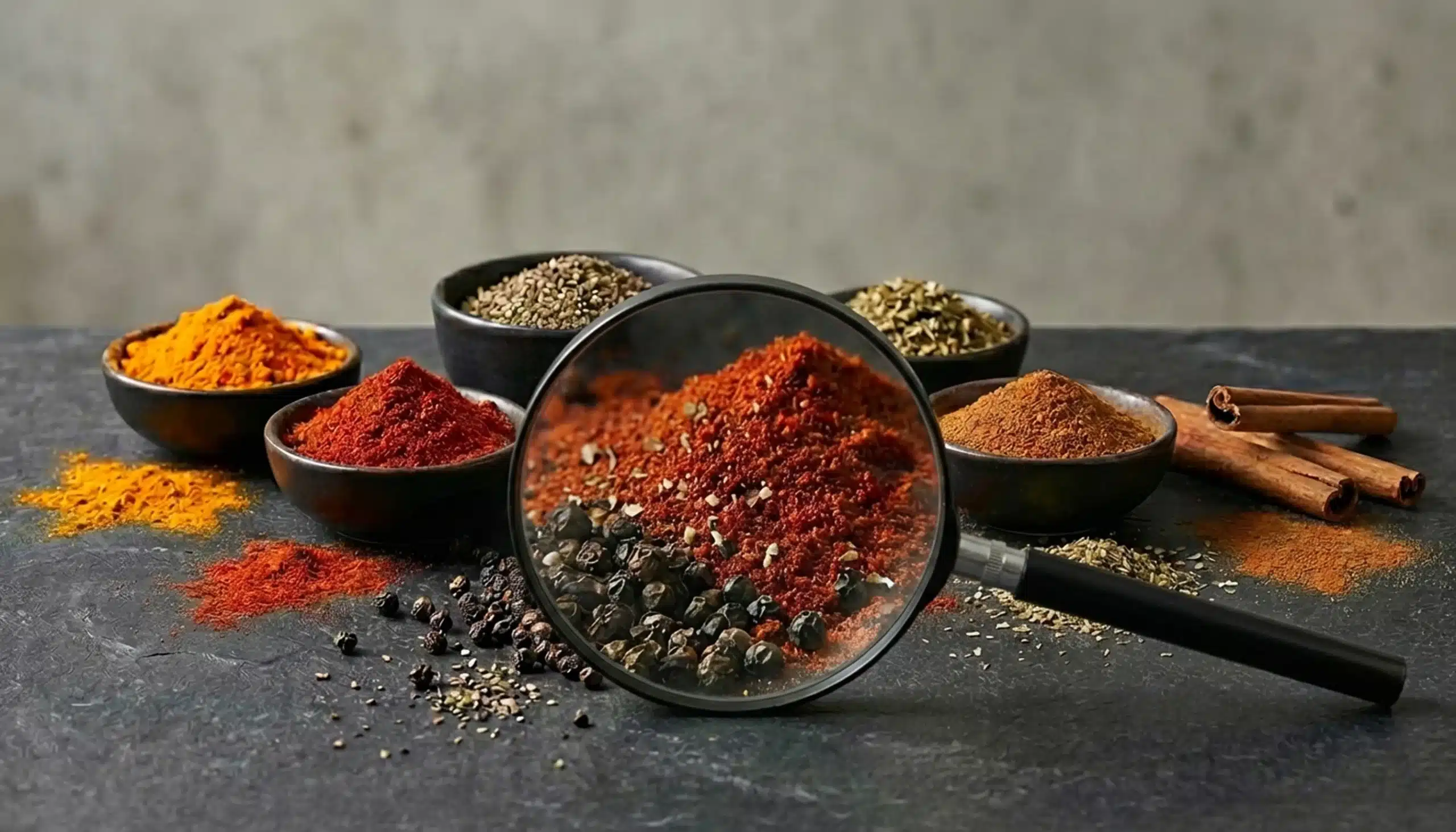 Varias especias: cúrcuma, pimentón, pimienta negra, orégano y canela en polvo, sobre una superficie elegante y minimalista. En primer plano, una lupa aumentada sobre las especias destacando al máximo la textura y el detalle de cada grano y polvo, simbolizando la inspección de calidad y autenticidad.