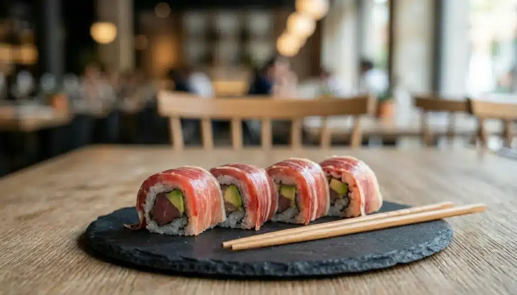 Cocina fusión: Un plato sofisticado que combina sushi con láminas de jamón ibérico, presentado en vajilla contemporánea minimalista.
