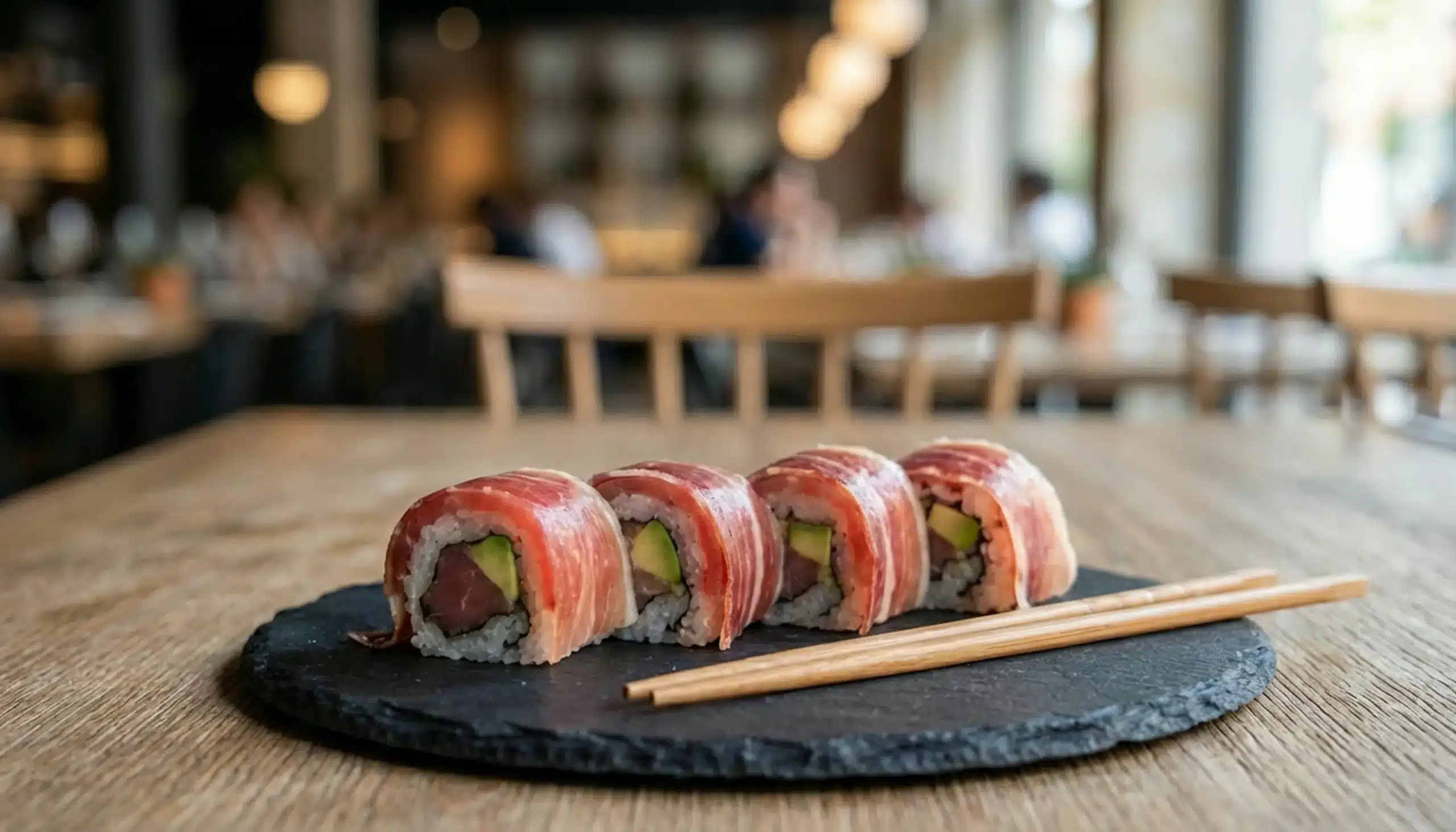 Cocina fusión: Un plato sofisticado que combina sushi con láminas de jamón ibérico, presentado en vajilla contemporánea minimalista.
