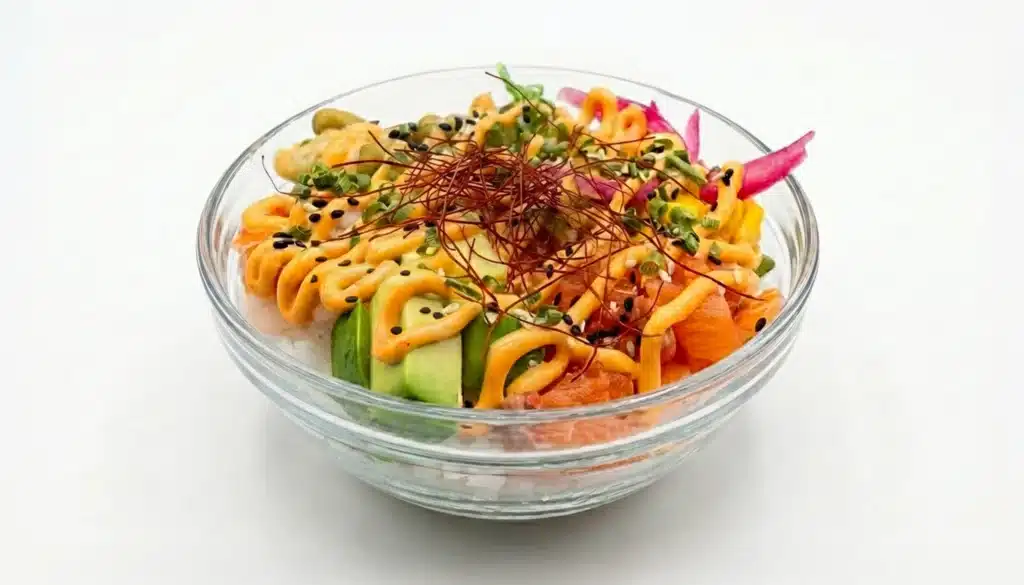 un poke decorado con sesamo blanco, sesamo negro, cebollino LIO, ITO togarashi y mix nordico