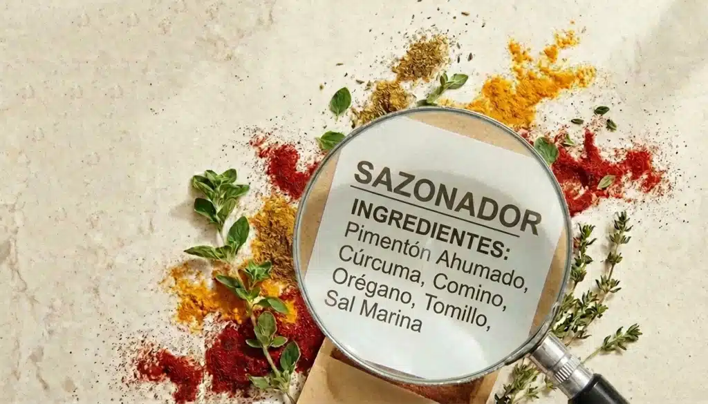 Especias y hierbas deshidratadas (pimentón, cúrcuma, comino, orégano, tomillo) esparcidas artísticamente sobre una superficie clara y minimalista, con colores vibrantes que destacan. Al frente, un detalle de un sazonador saludable con su etiqueta ampliada a través de una lupa, mostrando ingredientes legibles y claros.