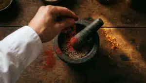 A weathered wooden surface, one hand reaching into frame scattering a pinch of deep red smoked paprika over a rough stone mortar filled with whole spices, golden saffron threads catching side light, slight motion blur on the falling spice