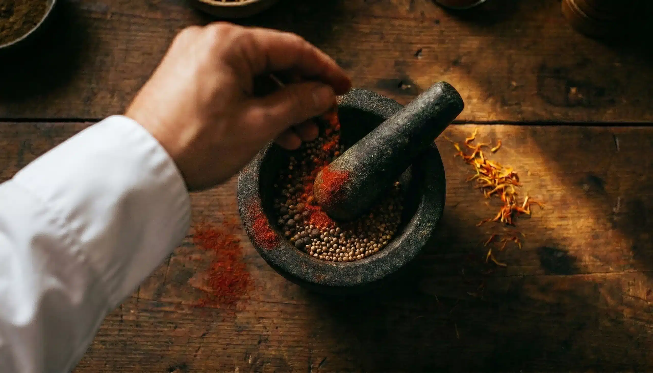 A weathered wooden surface, one hand reaching into frame scattering a pinch of deep red smoked paprika over a rough stone mortar filled with whole spices, golden saffron threads catching side light, slight motion blur on the falling spice