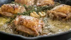 piezas de pollo dorándose suavemente con técnica poêler, mantequilla fundida burbujeando alrededor, jugos naturales de la carne en la base, hierbas frescas como tomillo y ajo ligeramente aplastado, textura jugosa y dorado