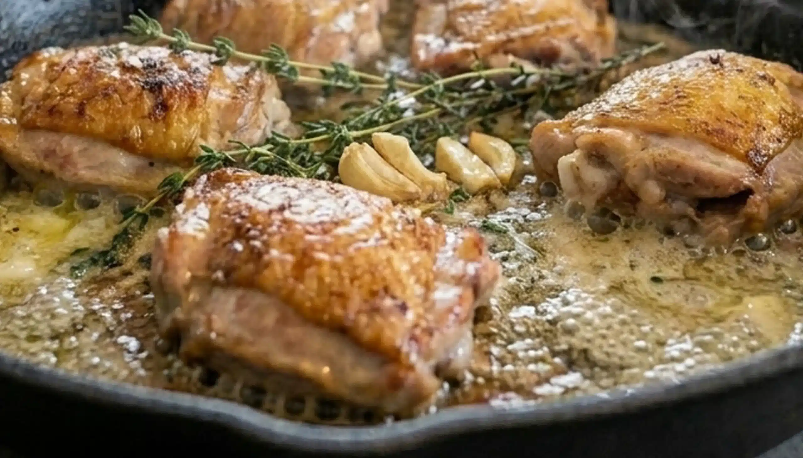 piezas de pollo dorándose suavemente con técnica poêler, mantequilla fundida burbujeando alrededor, jugos naturales de la carne en la base, hierbas frescas como tomillo y ajo ligeramente aplastado, textura jugosa y dorado